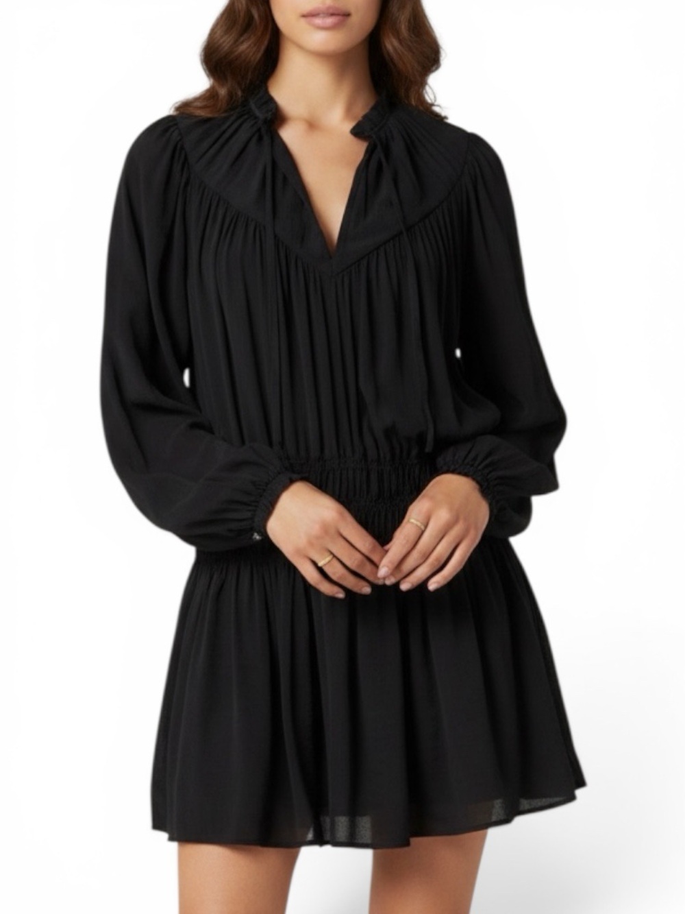 Joie Essex 100% Silk Smocked Drop-Waist Black Mini Dress Long Sleeve LIKE NEW